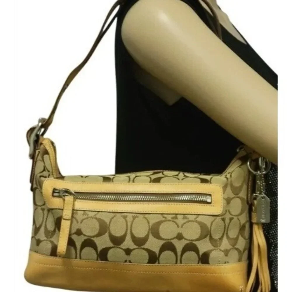 Coach 2005 Y2K Signature Khaki Canvas & Vachetta Leather East West Demi Baguette